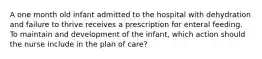 A one month old infant admitted to the hospital with dehydration and failure to thrive receives a prescription for enteral feeding. To maintain and development of the infant, which action should the nurse include in the plan of care?