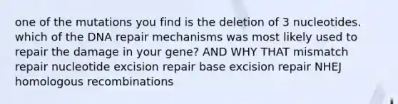 one of the mutations you find is the deletion of 3 nucleotides. which of the DNA repair mechanisms was most likely used to repair the damage in your gene? AND WHY THAT mismatch repair nucleotide excision repair base excision repair NHEJ homologous recombinations