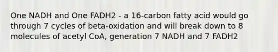 One NADH and One FADH2 - a 16-carbon fatty acid would go through 7 cycles of beta-oxidation and will break down to 8 molecules of acetyl CoA, generation 7 NADH and 7 FADH2