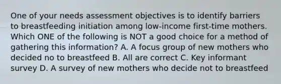 One of your needs assessment objectives is to identify barriers to breastfeeding initiation among low-income first-time mothers. Which ONE of the following is NOT a good choice for a method of gathering this information? A. A focus group of new mothers who decided no to breastfeed B. All are correct C. Key informant survey D. A survey of new mothers who decide not to breastfeed