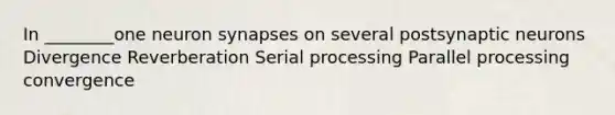 In ________one neuron synapses on several postsynaptic neurons Divergence Reverberation Serial processing Parallel processing convergence