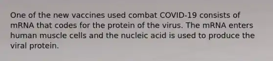 One of the new vaccines used combat COVID-19 consists of mRNA that codes for the protein of the virus. The mRNA enters human muscle cells and the nucleic acid is used to produce the viral protein.