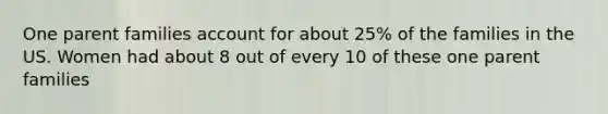 One parent families account for about 25% of the families in the US. Women had about 8 out of every 10 of these one parent families