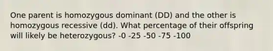 One parent is homozygous dominant (DD) and the other is homozygous recessive (dd). What percentage of their offspring will likely be heterozygous? -0 -25 -50 -75 -100