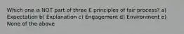 Which one is NOT part of three E principles of fair process? a) Expectation b) Explanation c) Engagement d) Environment e) None of the above