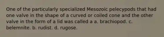 One of the particularly specialized Mesozoic pelecypods that had one valve in the shape of a curved or coiled cone and the other valve in the form of a lid was called a a. brachiopod. c. belemnite. b. rudist. d. rugose.