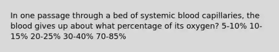 In one passage through a bed of systemic blood capillaries, the blood gives up about what percentage of its oxygen? 5-10% 10-15% 20-25% 30-40% 70-85%