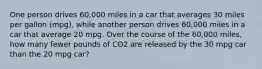 One person drives 60,000 miles in a car that averages 30 miles per gallon (mpg), while another person drives 60,000 miles in a car that average 20 mpg. Over the course of the 60,000 miles, how many fewer pounds of CO2 are released by the 30 mpg car than the 20 mpg car?