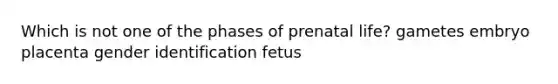 Which is not one of the phases of prenatal life? gametes embryo placenta gender identification fetus