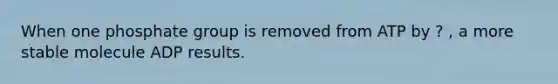 When one phosphate group is removed from ATP by ? , a more stable molecule ADP results.