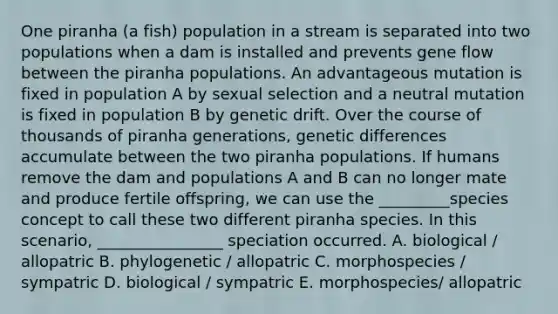 One piranha (a fish) population in a stream is separated into two populations when a dam is installed and prevents <a href='https://www.questionai.com/knowledge/kXUaxaYhhJ-gene-flow' class='anchor-knowledge'>gene flow</a> between the piranha populations. An advantageous mutation is fixed in population A by sexual selection and a neutral mutation is fixed in population B by <a href='https://www.questionai.com/knowledge/kiDrgjXyQn-genetic-drift' class='anchor-knowledge'>genetic drift</a>. Over the course of thousands of piranha generations, genetic differences accumulate between the two piranha populations. If humans remove the dam and populations A and B can no longer mate and produce fertile offspring, we can use the _________species concept to call these two different piranha species. In this scenario, ________________ speciation occurred. A. biological / allopatric B. phylogenetic / allopatric C. morphospecies / sympatric D. biological / sympatric E. morphospecies/ allopatric