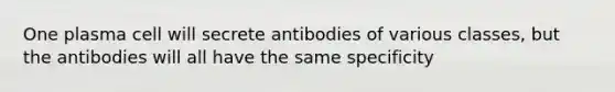 One plasma cell will secrete antibodies of various classes, but the antibodies will all have the same specificity