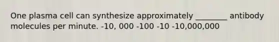 One plasma cell can synthesize approximately ________ antibody molecules per minute. -10, 000 -100 -10 -10,000,000