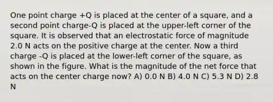 One point charge +Q is placed at the center of a square, and a second point charge-Q is placed at the upper-left corner of the square. It is observed that an electrostatic force of magnitude 2.0 N acts on the positive charge at the center. Now a third charge -Q is placed at the lower-left corner of the square, as shown in the figure. What is the magnitude of the net force that acts on the center charge now? A) 0.0 N B) 4.0 N C) 5.3 N D) 2.8 N