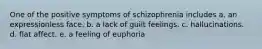 One of the positive symptoms of schizophrenia includes a. an expressionless face. b. a lack of guilt feelings. c. hallucinations. d. flat affect. e. a feeling of euphoria