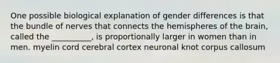 One possible biological explanation of gender differences is that the bundle of nerves that connects the hemispheres of the brain, called the __________, is proportionally larger in women than in men. myelin cord cerebral cortex neuronal knot corpus callosum