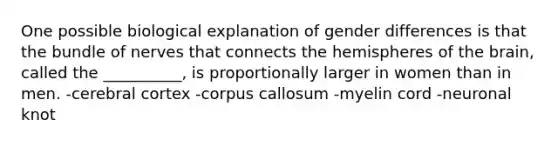 One possible biological explanation of gender differences is that the bundle of nerves that connects the hemispheres of <a href='https://www.questionai.com/knowledge/kLMtJeqKp6-the-brain' class='anchor-knowledge'>the brain</a>, called the __________, is proportionally larger in women than in men. -cerebral cortex -corpus callosum -myelin cord -neuronal knot