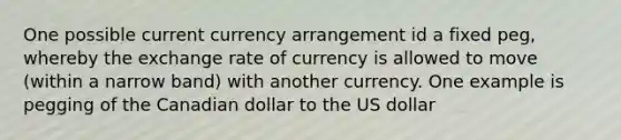 One possible current currency arrangement id a fixed peg, whereby the exchange rate of currency is allowed to move (within a narrow band) with another currency. One example is pegging of the Canadian dollar to the US dollar