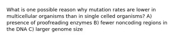 What is one possible reason why mutation rates are lower in multicellular organisms than in single celled organisms? A) presence of proofreading enzymes B) fewer noncoding regions in the DNA C) larger genome size