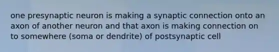 one presynaptic neuron is making a synaptic connection onto an axon of another neuron and that axon is making connection on to somewhere (soma or dendrite) of postsynaptic cell