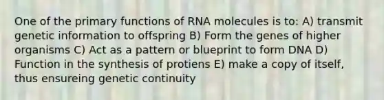 One of the primary functions of RNA molecules is to: A) transmit genetic information to offspring B) Form the genes of higher organisms C) Act as a pattern or blueprint to form DNA D) Function in the synthesis of protiens E) make a copy of itself, thus ensureing genetic continuity