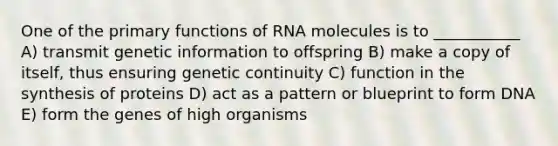 One of the primary functions of RNA molecules is to ___________ A) transmit genetic information to offspring B) make a copy of itself, thus ensuring genetic continuity C) function in the synthesis of proteins D) act as a pattern or blueprint to form DNA E) form the genes of high organisms