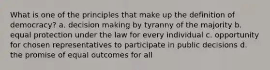 What is one of the principles that make up the definition of democracy? a. decision making by tyranny of the majority b. equal protection under the law for every individual c. opportunity for chosen representatives to participate in public decisions d. the promise of equal outcomes for all