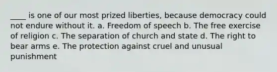 ____ is one of our most prized liberties, because democracy could not endure without it. a. Freedom of speech b. The free exercise of religion c. The separation of church and state d. The right to bear arms e. The protection against cruel and unusual punishment