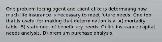 One problem facing agent and client alike is determining how much life insurance is necessary to meet future needs. One tool that is useful for making that determination is a: A) mortality table. B) statement of beneficiary needs. C) life insurance capital needs analysis. D) premium purchase analysis.