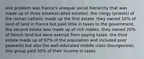 one problem was france's unequal social hierarchy that was made up of three estates(called estates). the clergy (priests) of the roman catholic made up the first estate. they owned 10% of land of land in france but paid little in taxes to the government. the second estate was made up of rich nobles. they owned 20% of french land but were exempt from paying taxes. the third estate made up of 97% of the population and included poor peasants but also the well-educated middle class (bourgeoisie). this group paid 50% of their income in taxes.