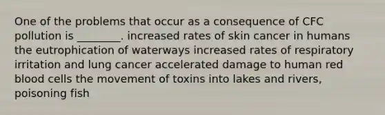 One of the problems that occur as a consequence of CFC pollution is ________. increased rates of skin cancer in humans the eutrophication of waterways increased rates of respiratory irritation and lung cancer accelerated damage to human red blood cells the movement of toxins into lakes and rivers, poisoning fish