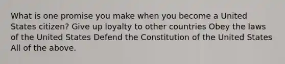 What is one promise you make when you become a United States citizen? Give up loyalty to other countries Obey the laws of the United States Defend the Constitution of the United States All of the above.