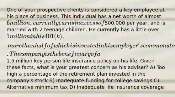 One of your prospective clients is considered a key employee at his place of business. This individual has a net worth of almost 6 million, currently earns in excess of500,000 per year, and is married with 2 teenage children. He currently has a little over 1 million in his 401(k), more than half of which is invested in his employer's common stock. The company is the beneficiary of a1.5 million key person life insurance policy on his life. Given these facts, what is your greatest concern as his adviser? A) Too high a percentage of the retirement plan invested in the company's stock B) Inadequate funding for college savings C) Alternative minimum tax D) Inadequate life insurance coverage