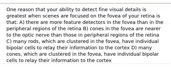 One reason that your ability to detect fine visual details is greatest when scenes are focused on the fovea of your retina is that: A) there are more feature detectors in the fovea than in the peripheral regions of the retina B) cones in the fovea are nearer to the optic nerve than those in peripheral regions of the retina C) many rods, which are clustered in the fovea, have individual bipolar cells to relay their information to the cortex D) many cones, which are clustered in the fovea, have individual bipolar cells to relay their information to the cortex