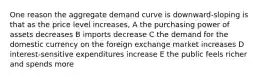 One reason the aggregate demand curve is downward-sloping is that as the price level increases, A the purchasing power of assets decreases B imports decrease C the demand for the domestic currency on the foreign exchange market increases D interest-sensitive expenditures increase E the public feels richer and spends more