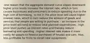 -one reason that the aggregate demand curve slopes downward: higher price levels increase the interest rate, which in turn causes businesses and consumers to reduce spending due to the high cost of borrowing. -a rise in the price level will cause higher interest rates, which in turn reduce the amount of goods and services that people are willing to purchase. - an increase in the price level will tend to reduce total planned expenditures. -high price level pushes up interest rates and thereby reduce borrowing and spending. -higher interest rate makes it more costly for people to finance purchases of houses and cars. Also, less profitable for firms to install new equipments.