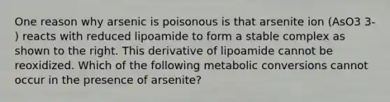 One reason why arsenic is poisonous is that arsenite ion (AsO3 3- ) reacts with reduced lipoamide to form a stable complex as shown to the right. This derivative of lipoamide cannot be reoxidized. Which of the following metabolic conversions cannot occur in the presence of arsenite?