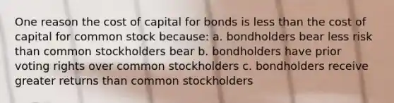 One reason the cost of capital for bonds is less than the cost of capital for common stock because: a. bondholders bear less risk than common stockholders bear b. bondholders have prior voting rights over common stockholders c. bondholders receive greater returns than common stockholders