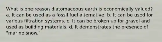 What is one reason diatomaceous earth is economically valued? a. It can be used as a fossil fuel alternative. b. It can be used for various filtration systems. c. It can be broken up for gravel and used as building materials. d. It demonstrates the presence of "marine snow."