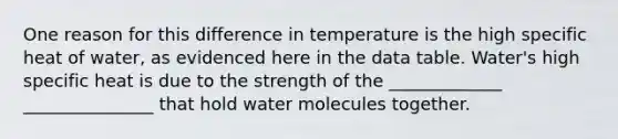 One reason for this difference in temperature is the high specific heat of water, as evidenced here in the data table. Water's high specific heat is due to the strength of the _____________ _______________ that hold water molecules together.