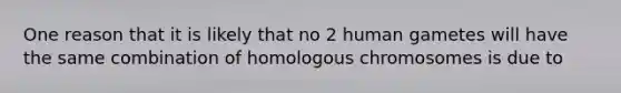 One reason that it is likely that no 2 human gametes will have the same combination of homologous chromosomes is due to