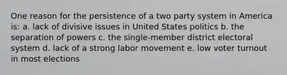 One reason for the persistence of a two party system in America is: a. lack of divisive issues in United States politics b. the separation of powers c. the single-member district electoral system d. lack of a strong labor movement e. low <a href='https://www.questionai.com/knowledge/kLGzaG1iPL-voter-turnout' class='anchor-knowledge'>voter turnout</a> in most elections