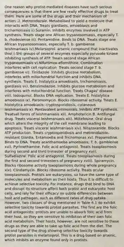 One reason why protist-mediated diseases have such serious consequences is that there are few really effective drugs to treat them. Here are some of the drugs and their mechanism of action: i). Metronidazole. Metabolised to yield a molecule that interacts with DNA. Treats giardiasis, amoebiasis and trichomoniasis ii).Suramin. Inhibits enzymes involved in ATP synthesis. Treats stage one African trypanosomiasis, especially T. b. rhodesiense iii). Pentamidine. Binds to DNA. Treats stage one African trypanosomiasis, especially T. b. gambiense leishmaniasis iv).Melarsoprol. arsenic compound that inactivates thiol (-SH) groups of several enzymes especially pyruvate kinase inhibiting synthesis of ATP. Treats second stage African trypanosomiasis v).Nifurtimox-eflornithine. Combination interferes with cell replication. Treats second stage T. b. gambiense vi). Tinidazole. Inhibits glucose metabolism, interferes with mitochondrial function and inhibits DNA synthesis. Treats E. histolytica amoebiasis, trichomoniasis, giardiasis vii). Benzimidazole. Inhibits glucose metabolism and interferes with mitochondrial function. Treats Chagas' disease viii). Iodoquinol. Blocks DNA replication. Treats E. histolytica amoebiasis ix). Paromomycin. Blocks ribosomal activity. Treats E. histolytica amoebiasis; cryptosporidiosis, cutaneous leishmaniasis x). Pentavalent antimonials. Inhibits ATP synthesis. Treatsall forms of leishmaniasis xii). Amphotericin B. Antifungal drug. Treats visceral leishmaniasis xiii). Miltefosine. Oral drug which alters the integrity of the cell membrane leading to apoptosis. Treats visceral leishmaniasis xiv). Nitazoxanide. Blocks ATP production. Treats cryptosporidiosis and metronidazole-resistant Giardia, Entamoeba and Trichomonas xv). Propamidine. Binds to DNA. Treats acanthamoeba amoebiasis; T. b. gambiense xvi). Pyrimethamine. Folic acid antagonist. Treats toxoplasmosis during second and third trimester of pregnancy xvii). Sulfadiazine. Folic acid antagonist. Treats toxoplasmosis during the first and second trimesters of pregnancy xviii). Spiramycin. Blocks ribosome activity toxoplasmosis during whole pregnancy. xix). Clindamycin. Blocks ribosome activity. Treats ocular toxoplasmosis. Protists are eukaryotes, so have the same type of molecules and metabolism as their hosts. Thus it is difficult to achieve selective toxicity. For instance, drugs that bind to DNA and disrupt its structure affect both protist and eukaryotic host cells, and rely for their efficacy on subtle differences between host and pathogen, such as different rates of drug uptake. However, two classes of drug mentioned in Table 6.1 do exhibit selective toxicity towards protist parasites. The first are the folic acid antagonists: protists are unable to absorb folic acid from their host, so they are sensitive to inhibition of their own folic acid metabolism. Their hosts, however, are not sensitive to these drugs as they are able to take up folic acid from the diet. The second type of the drug showing selective toxicity towards protist parasites is melarsoprol. This is a drug based on arsenic, which inhibits an enzyme found only in protists.