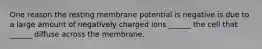 One reason the resting membrane potential is negative is due to a large amount of negatively charged ions ______ the cell that ______ diffuse across the membrane.