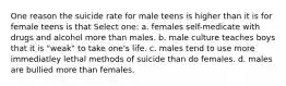 One reason the suicide rate for male teens is higher than it is for female teens is that Select one: a. females self-medicate with drugs and alcohol more than males. b. male culture teaches boys that it is "weak" to take one's life. c. males tend to use more immediatley lethal methods of suicide than do females. d. males are bullied more than females.