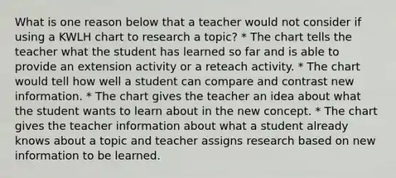 What is one reason below that a teacher would not consider if using a KWLH chart to research a topic? * The chart tells the teacher what the student has learned so far and is able to provide an extension activity or a reteach activity. * The chart would tell how well a student can compare and contrast new information. * The chart gives the teacher an idea about what the student wants to learn about in the new concept. * The chart gives the teacher information about what a student already knows about a topic and teacher assigns research based on new information to be learned.