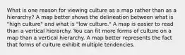 What is one reason for viewing culture as a map rather than as a hierarchy? A map better shows the delineation between what is "high culture" and what is "low culture." A map is easier to read than a vertical hierarchy. You can fit more forms of culture on a map than a vertical hierarchy. A map better represents the fact that forms of culture exhibit multiple tendencies.