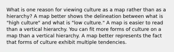 What is one reason for viewing culture as a map rather than as a hierarchy? A map better shows the delineation between what is "high culture" and what is "low culture." A map is easier to read than a vertical hierarchy. You can fit more forms of culture on a map than a vertical hierarchy. A map better represents the fact that forms of culture exhibit multiple tendencies.