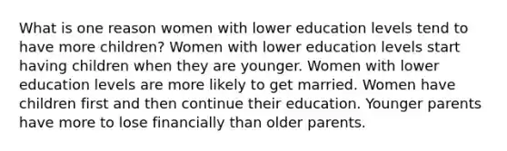 What is one reason women with lower education levels tend to have more children? Women with lower education levels start having children when they are younger. Women with lower education levels are more likely to get married. Women have children first and then continue their education. Younger parents have more to lose financially than older parents.