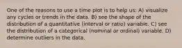 One of the reasons to use a time plot is to help us: A) visualize any cycles or trends in the data. B) see the shape of the distribution of a quantitative (interval or ratio) variable. C) see the distribution of a categorical (nominal or ordinal) variable. D) determine outliers in the data.